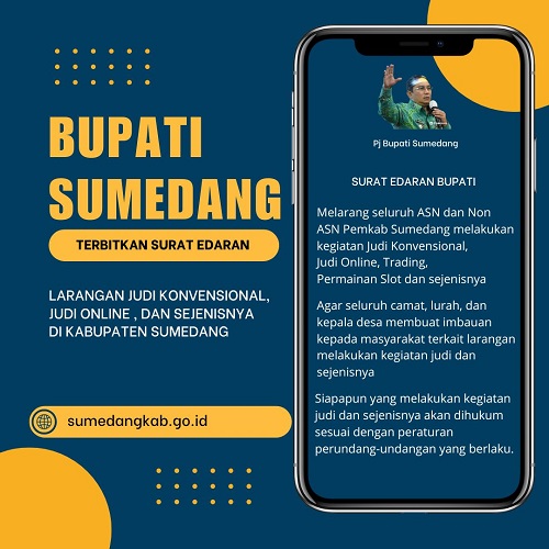 Sumedang, 27 April 2024 — Pj Bupati Sumedang, Drs. H. Agus Supendi, M.Si., telah menerbitkan surat edaran resmi yang melarang keras aktivitas perjudian di wilayah Kabupaten Sumedang. Kebijakan ini dikeluarkan sebagai upaya untuk menciptakan lingkungan yang aman, tertib, dan berbudaya, serta mendukung pembangunan masyarakat yang sehat dan produktif.